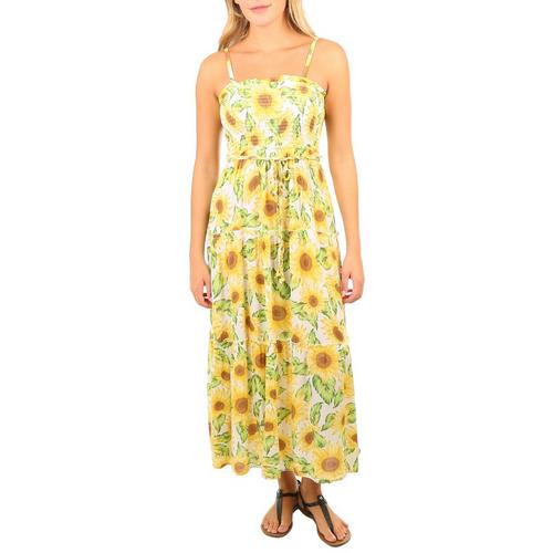 Juniors Sunflower Smocked Tie Tiered Sleeveless Maxi Dress