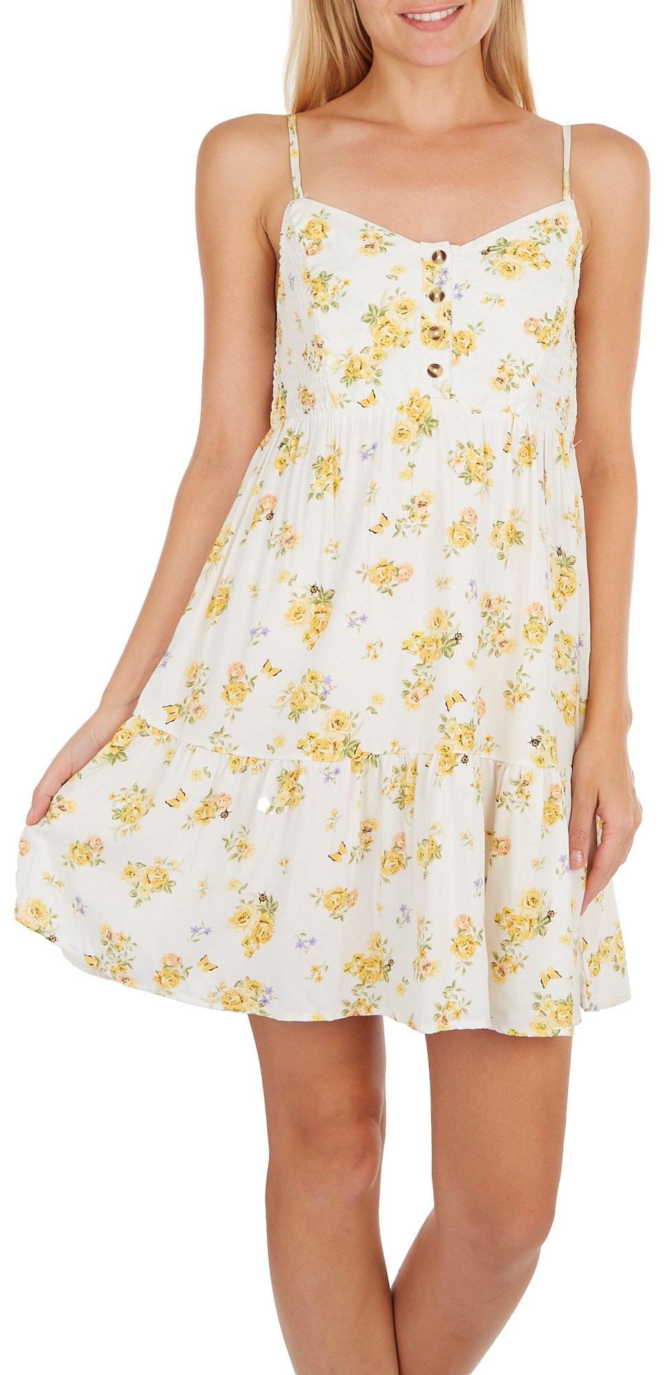 Juniors Floral Button Placket Sleeveless Mini Dress