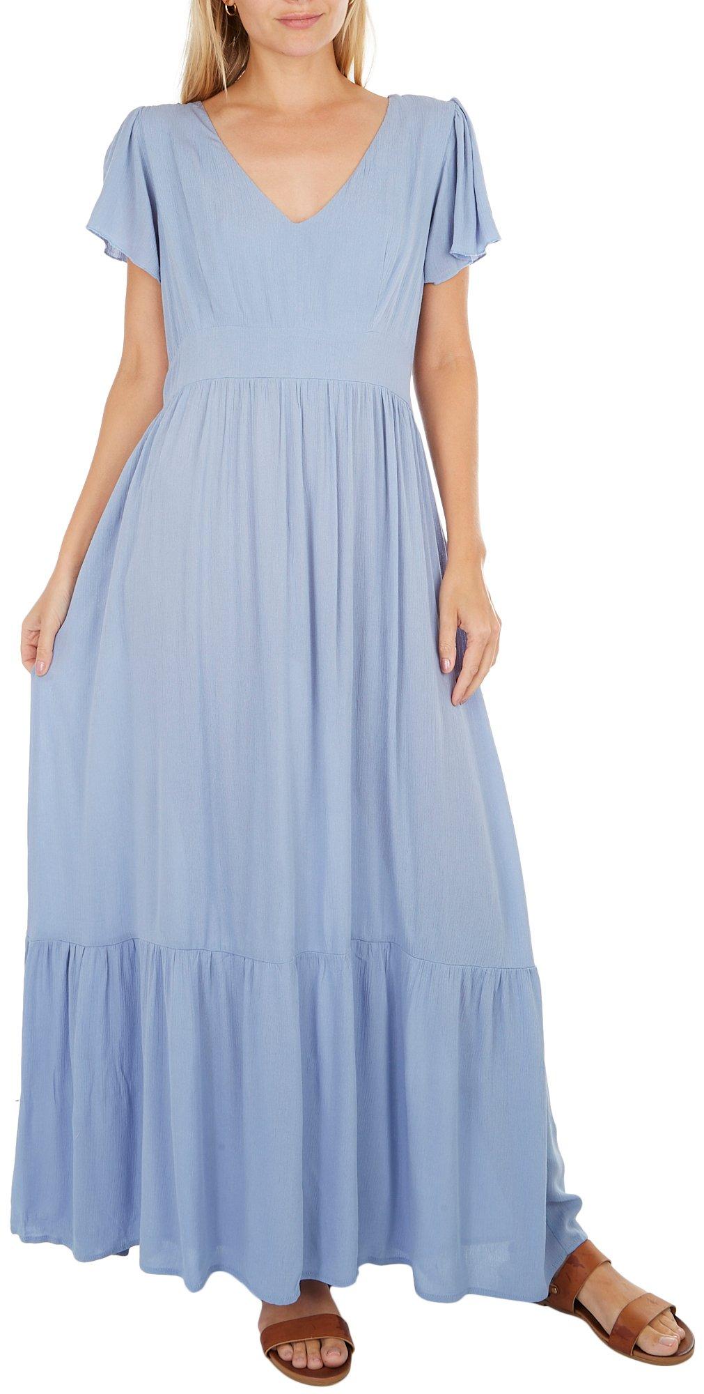 Juniors Solid V-Neck Open Back Flutter Short Sleeve Dress