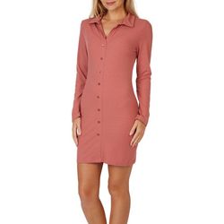 Juniors Solid Ribbed Button Down Long Sleeve Dress