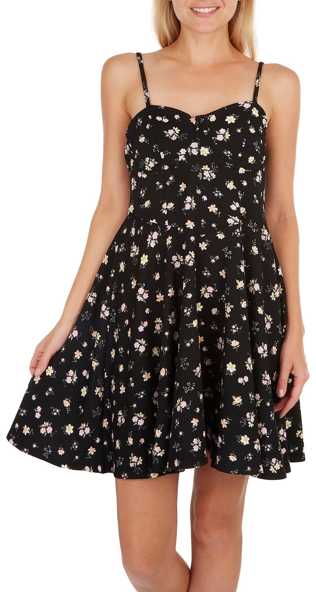 Juniors Dark Floral Sweetheart Neck Flutter Hem Mini Dress