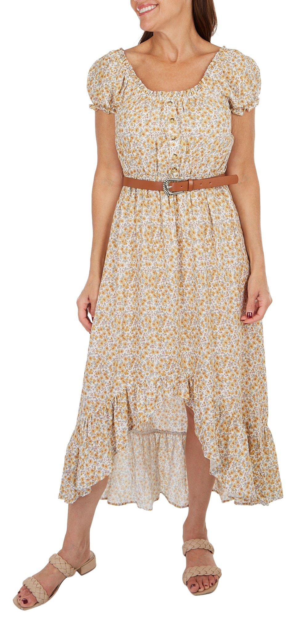 Juniors Sunflower High-Low Belted Puff Sleeve Dress