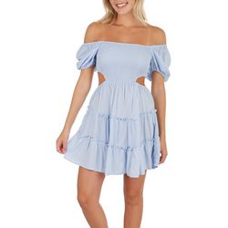 No Comment Juniors Solid Smocked Cut Out Puff Sleeve Dress