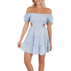 Juniors Solid Smocked Cut Out Puff Sleeve Dress