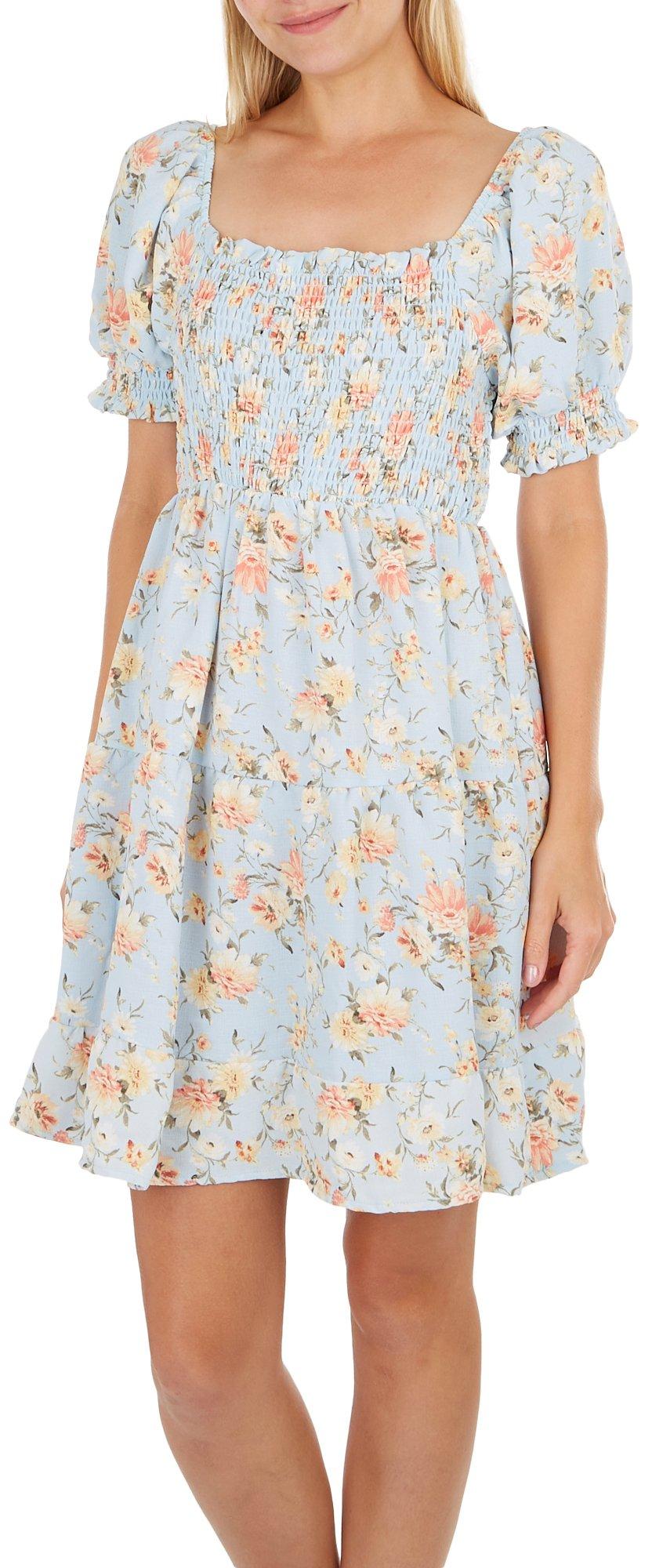 Juniors Daisy Short Puff Sleeve Mini Dress