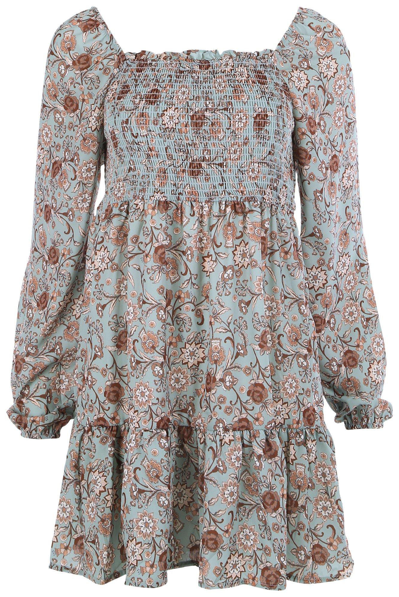 Juniors Floral Smocked Long Sleeve Flutter Dress