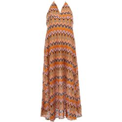 Juniors Abstract Stitched Woven Halter Tie Back Maxi Dress