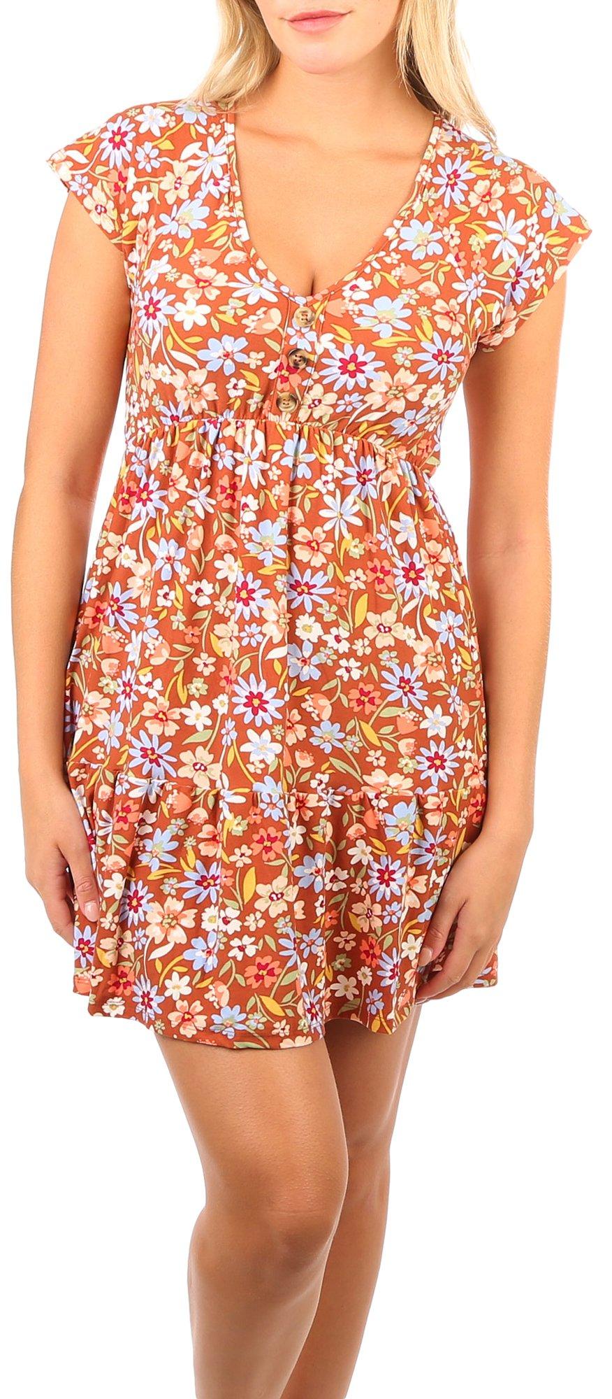 Juniors Springtime Button Flutter Tiered Short Sleeve Dress
