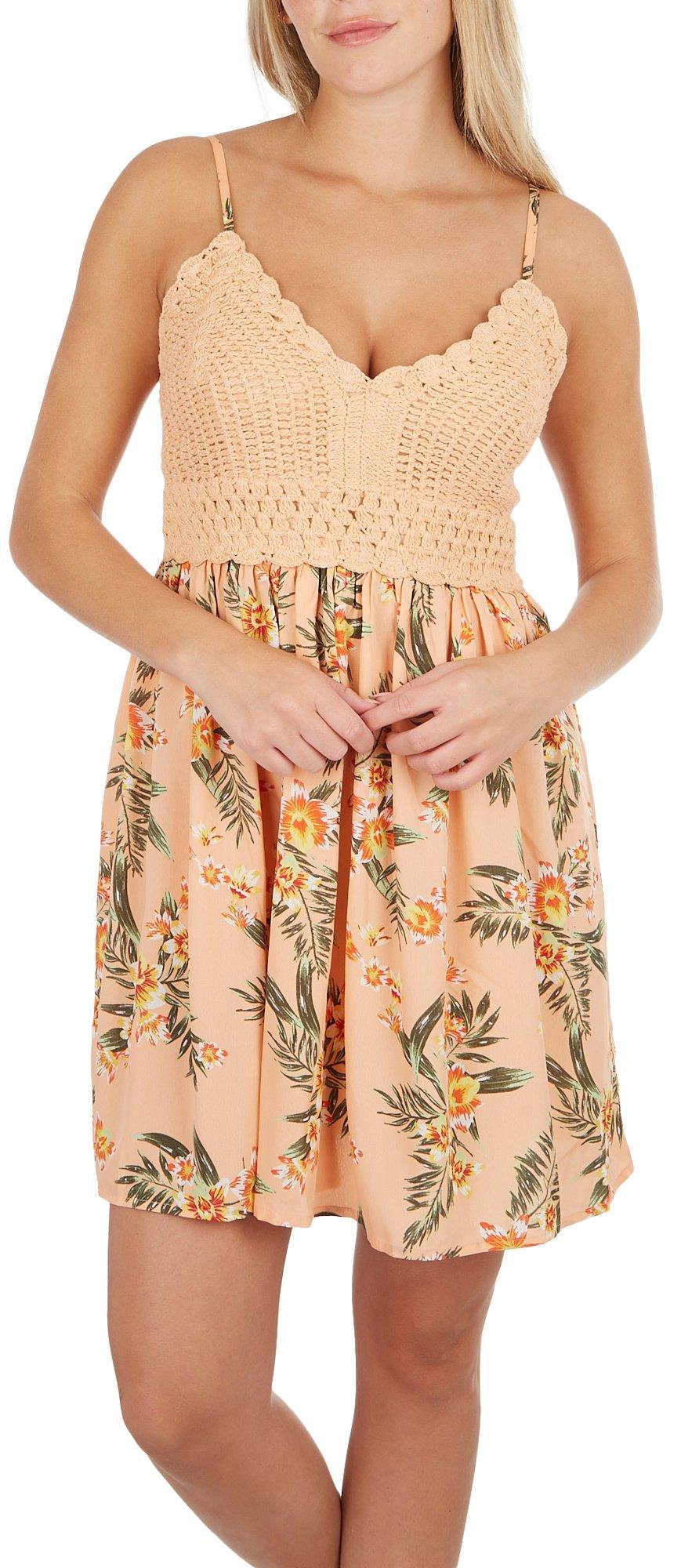 Juniors Daffodil Crochet V Neck Sleeveless Mini Dress