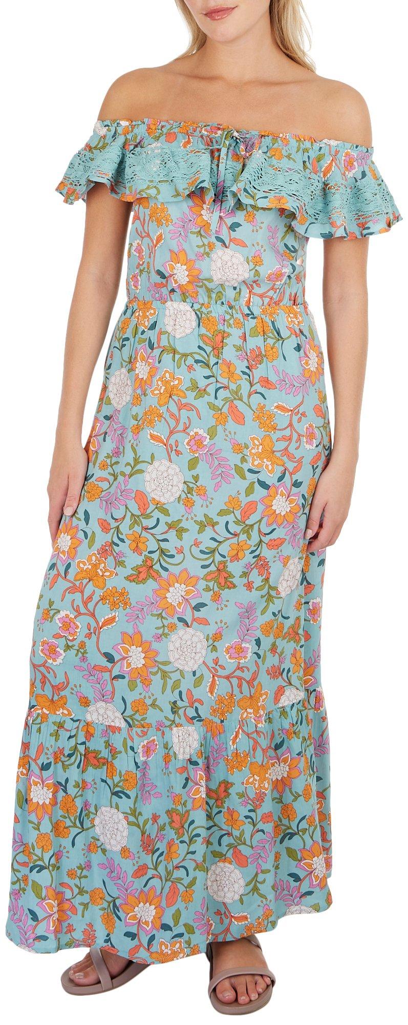 Juniors Floral Off The Shoulder Ruffle Open Back Maxi Dress