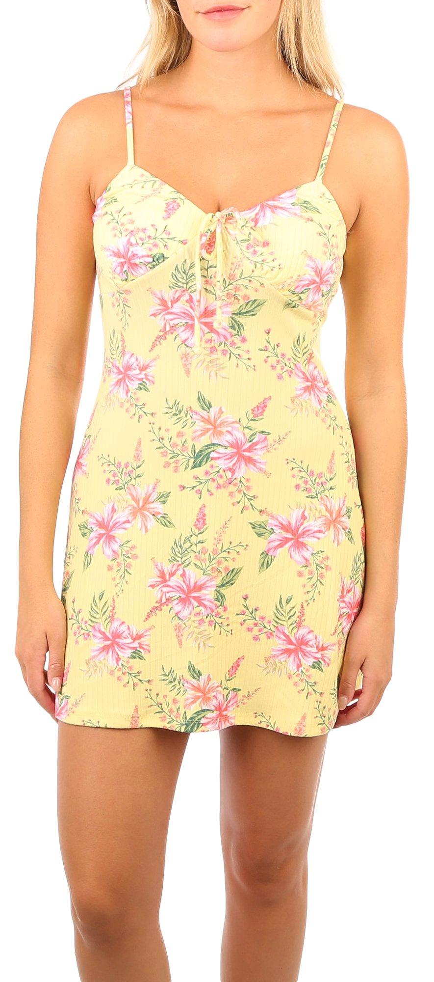 Juniors Ribbed Spring Floral Sweetheart Sleeveless Dress