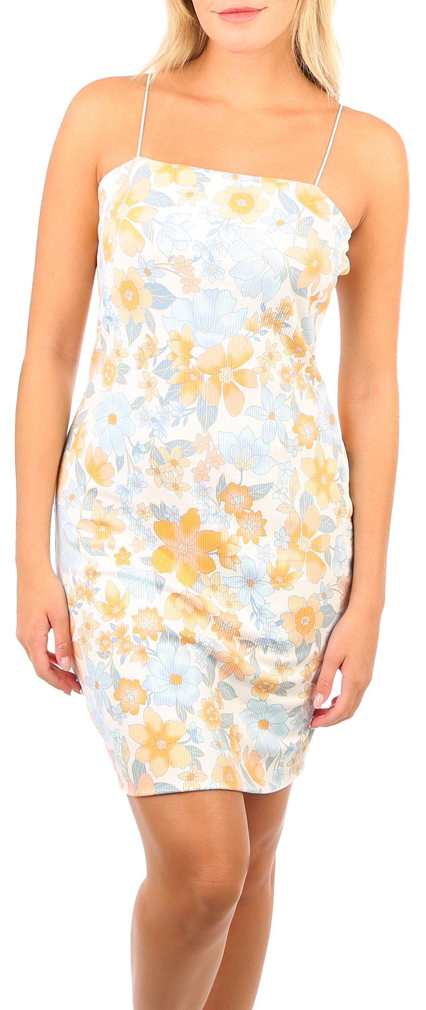 Juniors Ribbed Spring Floral Sleeveless Dress