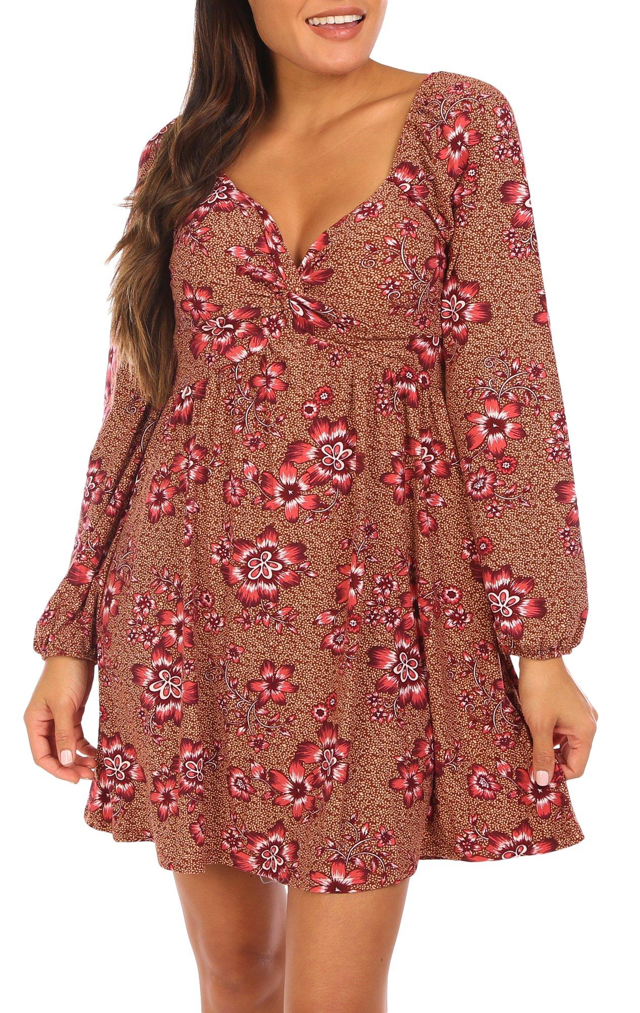 Juniors Floral Long Sleeve Babydoll Dress