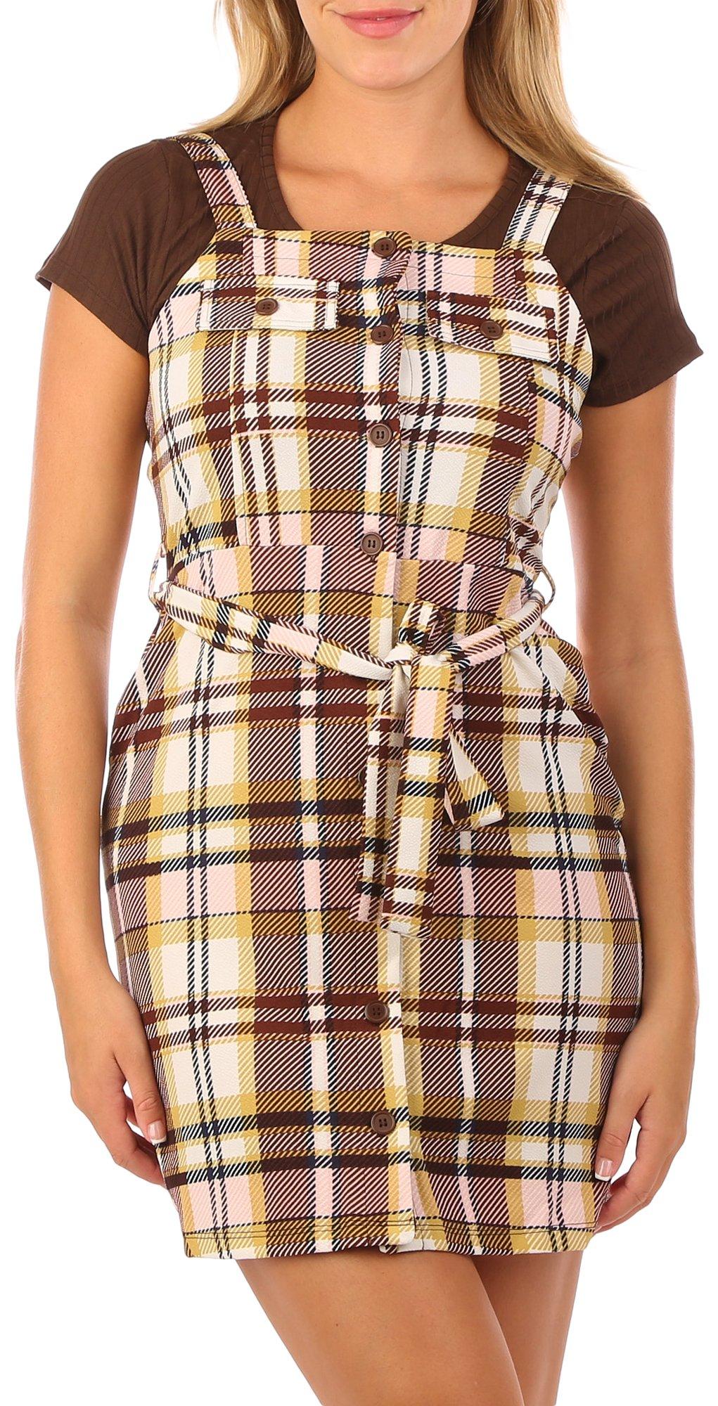 Juniors Short Sleeve Ribbed Top & Plaid Button Down Dress