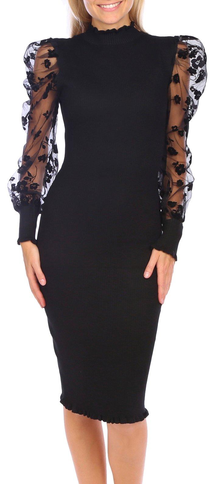 Juniors Solid Ribbed Mock Neck Lace Sleeve Midi Dress