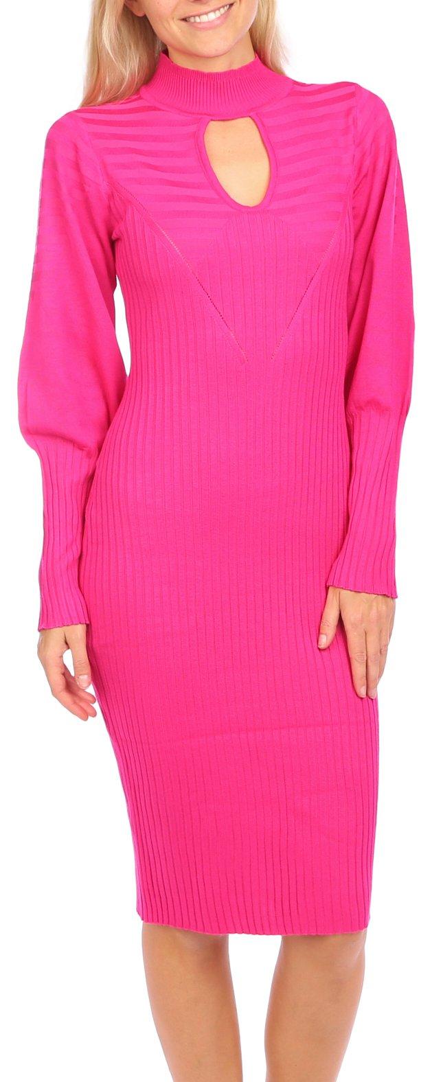 Juniors Solid Ribbed Open Mock Neck Long Sleeve Midi Dress