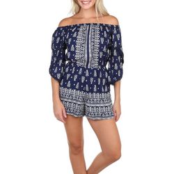 Angie Juniors Off The Shoulder Long Sleeve Placement Romper