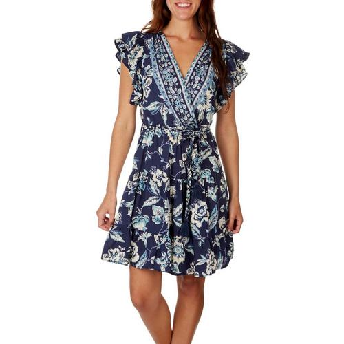 Angie Juniors Floral Surplice Wrap Braid Belted Dress