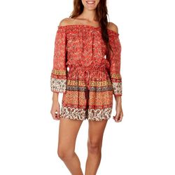 Angie Juniors Off The Shoulder Long Sleeve Print Romper