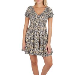 Angie Juniors Painted Floral Smocked Short Sleeve Dress