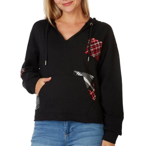 Juniors Plaid Patches V Neck Hooded Long Sleeve