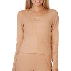 Juniors Solid Knit Panel Notch Neck Long Sleeve Lounge Top