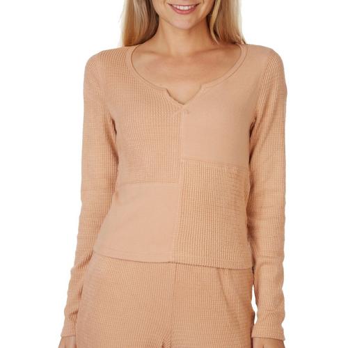 Juniors Solid Knit Panel Notch Neck Long Sleeve