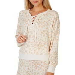Pink Rose Juniors Leopard Lace Up Long Sleeve Lounge Top