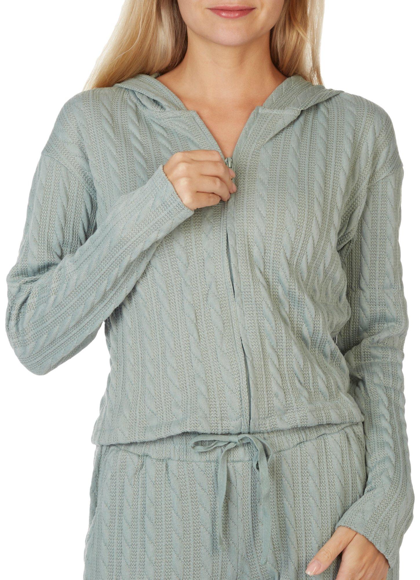 Juniors Solid Knit Hooded Zip Up Top