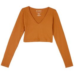 Poof Juniors Solid Ribbed V Neck Long Sleeve Cropped Top
