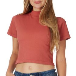 Poof Juniors Ribbed Mock Neck Cropped Short Sleeve Top