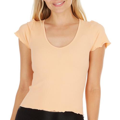 Juniors Solid Seamless Ribbed V-Neck Short Sleeve Top