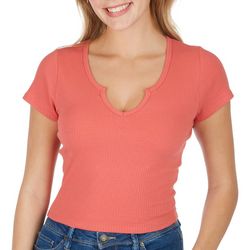 Juniors Solid Wide Ribbed Notch Neck Cropped Top