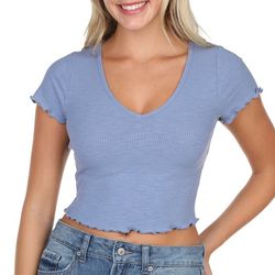 BOZZOLO Juniors Solid Ribbed V Neck Short Sleeve Crop Top
