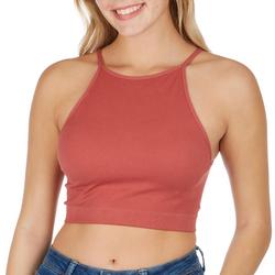 Juniors Solid Seamless Ribbed Strappy Hi-Neck Crop Top