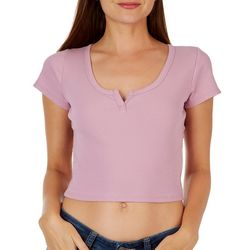 BOZZOLO Juniors Solid Ribbed Notched Short Sleeve Crop Top