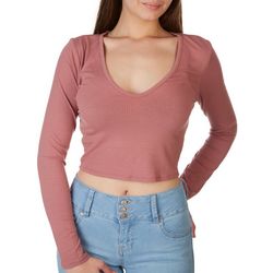 Bozzolo Juniors Solid Ribbed V Neck Long Sleeve Crop Tee