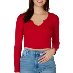 Bozzolo Juniors Solid Ribbed Notch Neck Long Sleeve Crop Tee