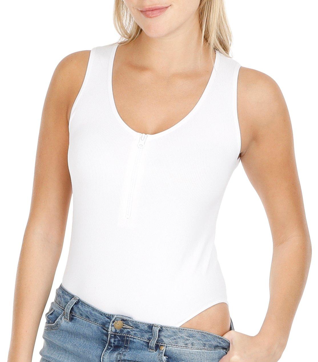 Juniors Solid Ribbed Quarter Zip Sleeveless Bodysuit