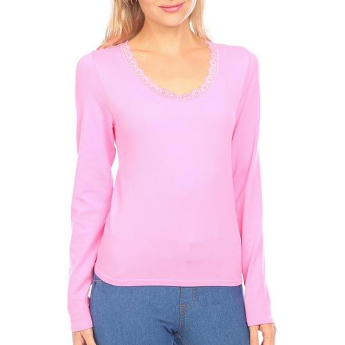 Juniors Solid Ribbed Lace Neck Knit Long Sleeve