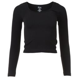 Juniors Solid Seamless Ribbed Scoop Neck Long Sleeve Top