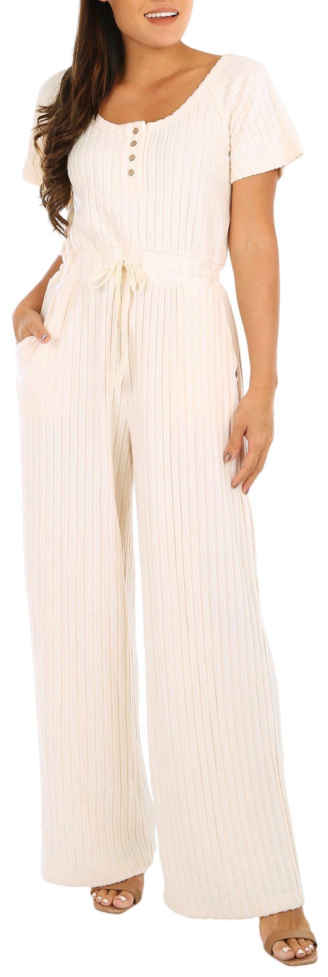 Solid Short Sleeves V Neck Poly Cotton Women's Drop Shoulder Front Tie  Jumpsuit