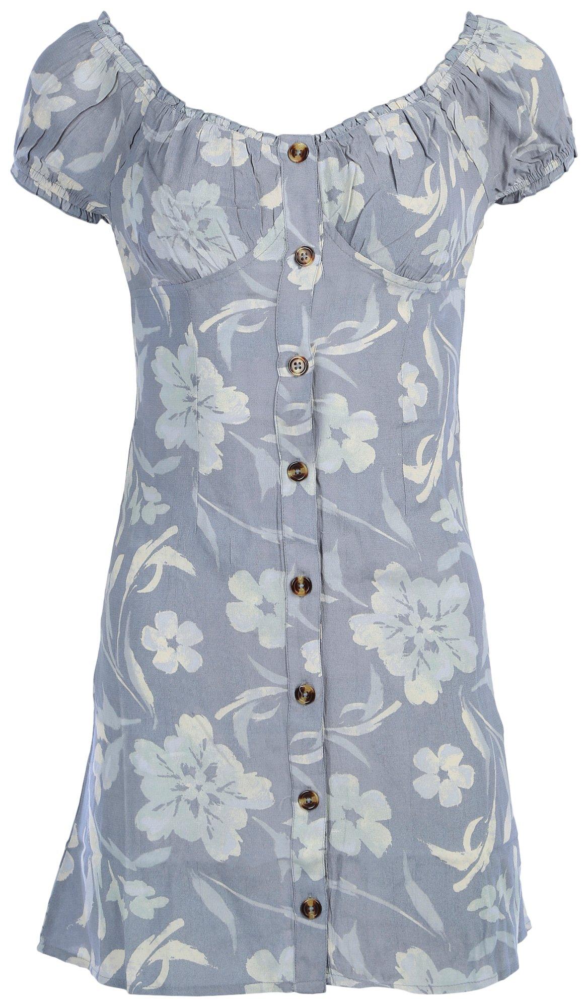 Juniors Floral Buttoned Short Sleeve Dress