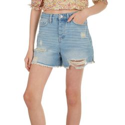 YMI Juniors 4 in. 5-Button Distressed Frayed Mom Short