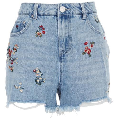 Juniors 3.in. Floral Embroidered High Rise Mom Shorts