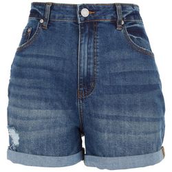 Juniors Solid Distressed Roll Cuff High Rise Mom Shorts