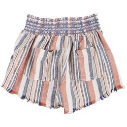 Juniors Asymmetrical Stripe Smocked Tassel Shorts