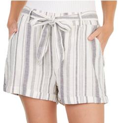 Juniors Striped Linen Tie Front Cuffed Shorts