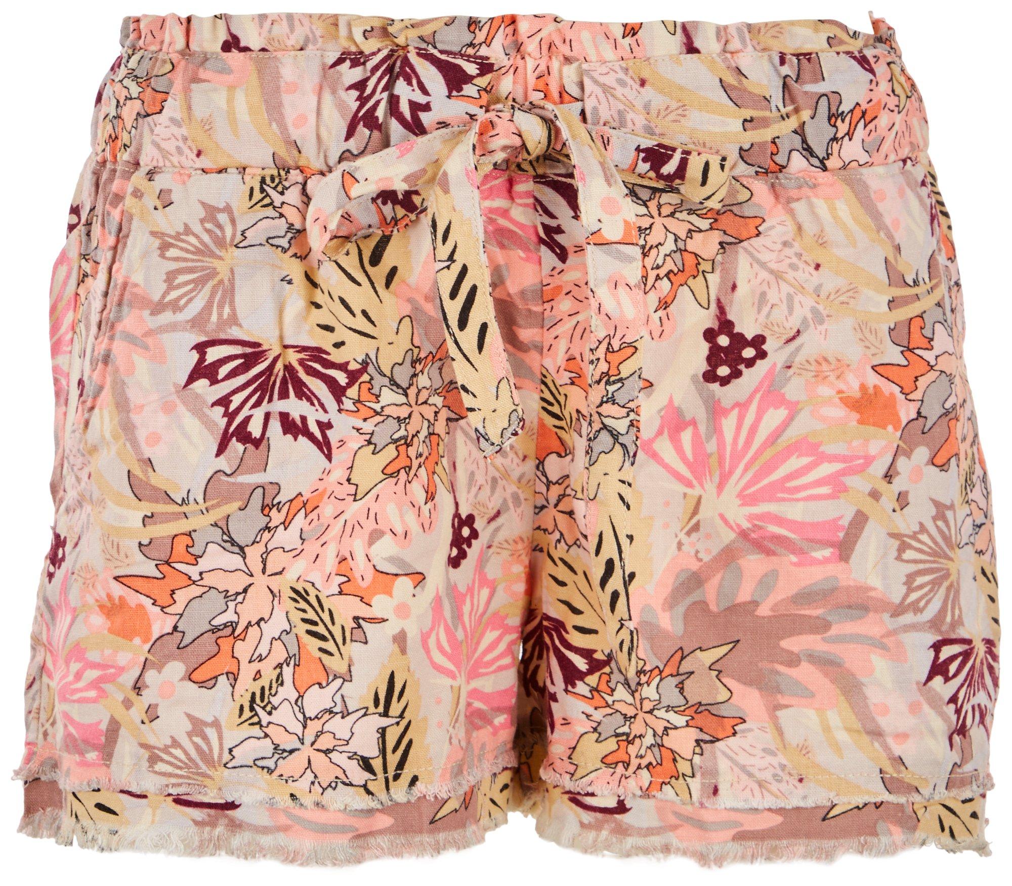 Juniors Floral Frayed Drawstring Shorts