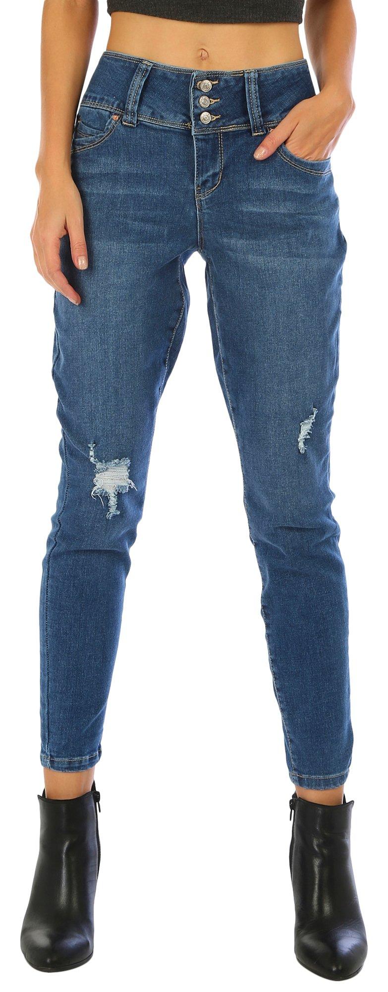 YMI Juniors Mid Rise WBB Deconstructed Skinny Jeans